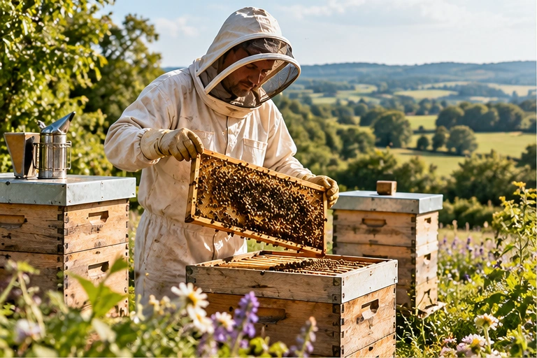 Beekeeper inspecting a hive frame in the countryside