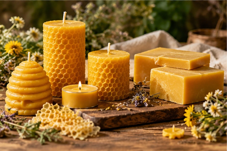 Handmade beeswax candles and wax blocks