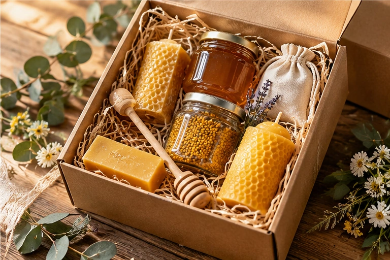 Gift box containing honey, beeswax and hive products