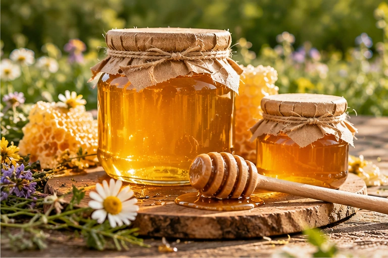 Jars of golden honey with a wooden dipper